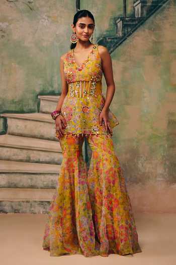 Label Moni K Huzoor Floral Peplum Corset & Sharara Set 