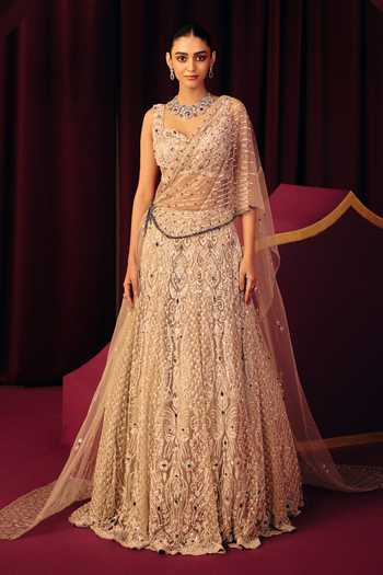 Label Moni K Sapphire Embellished Corset Lehenga Set in Net & Satin 