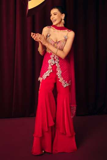 Label Moni K Vrinda Paisley Embroidered Organza Tunic Sharara Set 