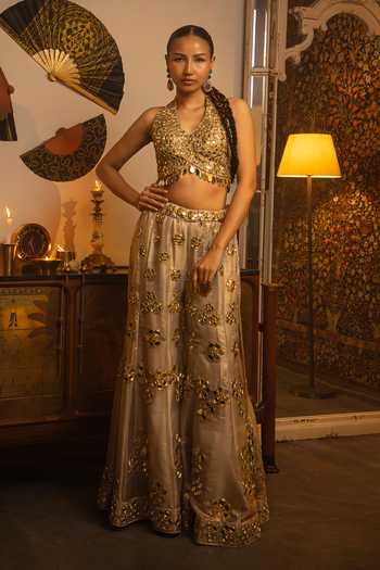 Vandana Sethi Mirror Work Organza Sharara Set with Blouse & Dupatta 