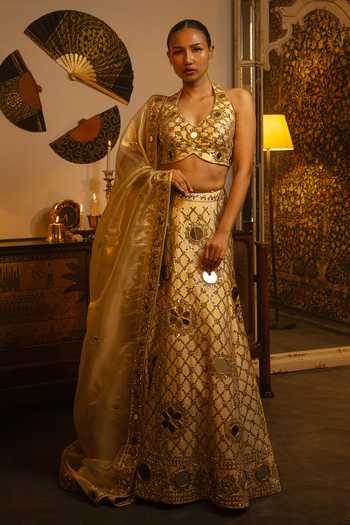 Vandana Sethi Mirror Work Raw Silk Lehenga Set 