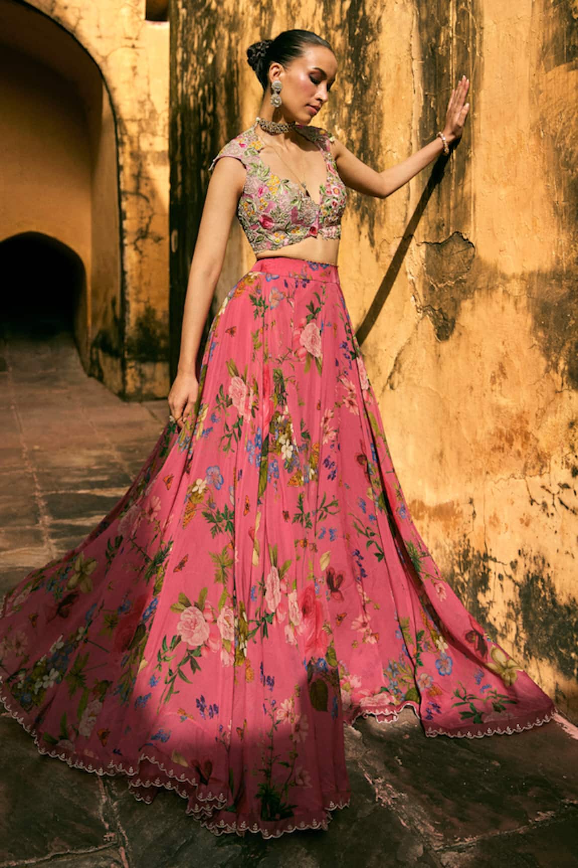 Anushree Reddy Printed Organza Applique Blouse & Skirt Set