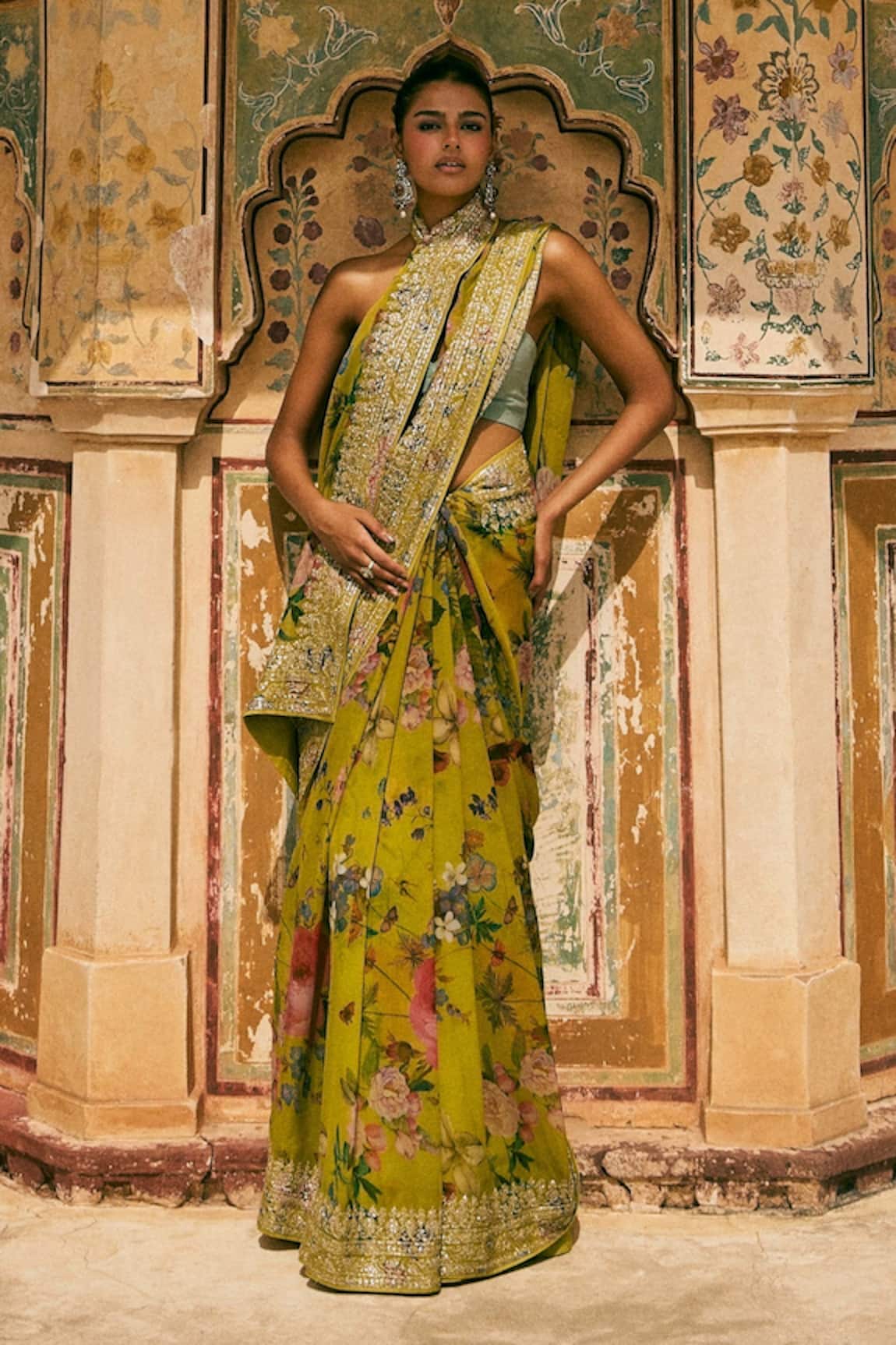 Anushree Reddy Ruh Printed Chiffon Saree & Dupion Silk Unstitched Blouse Set