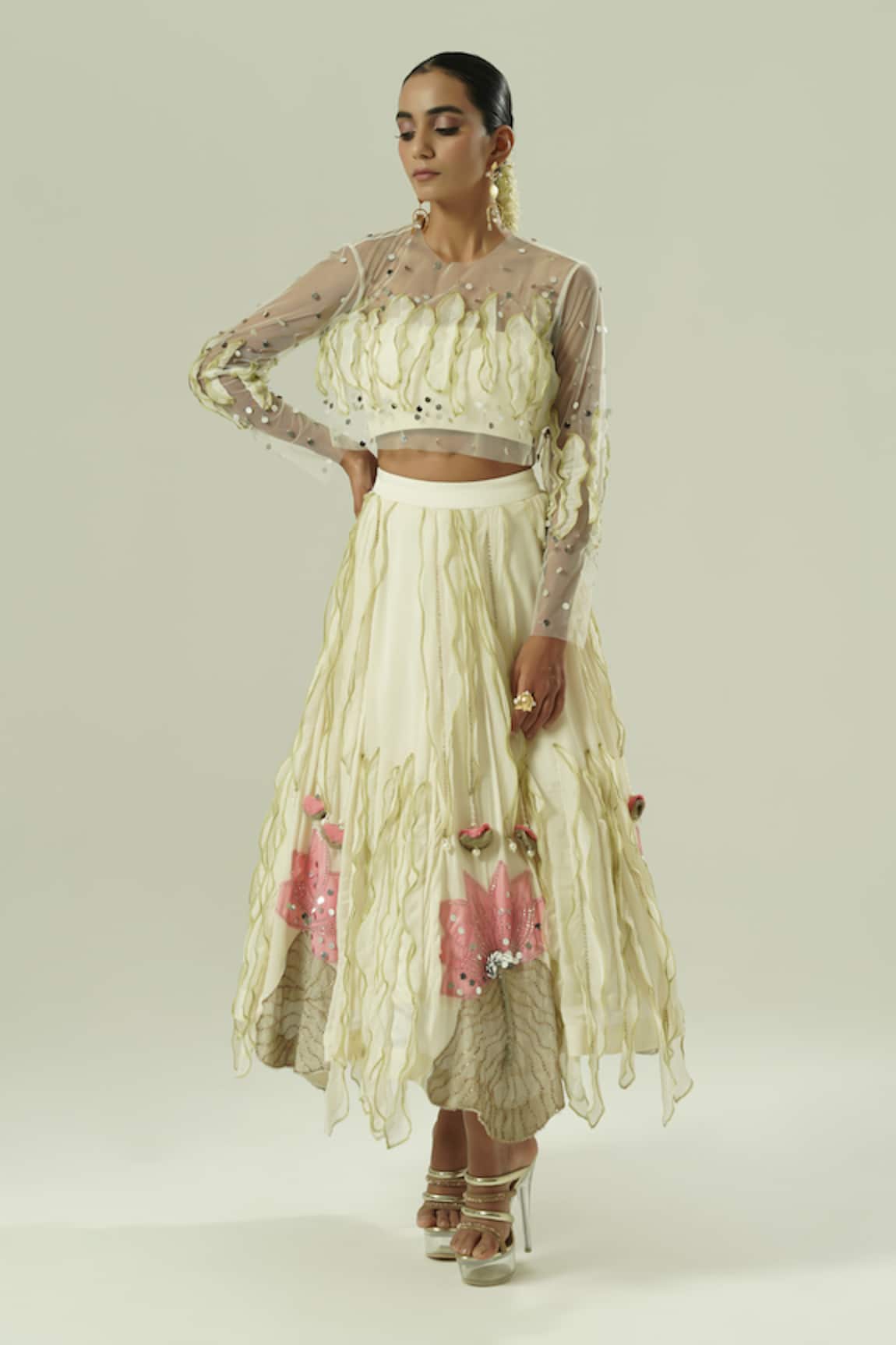 Shwetanga Embroidered Sheer Blouse & Skirt Set 