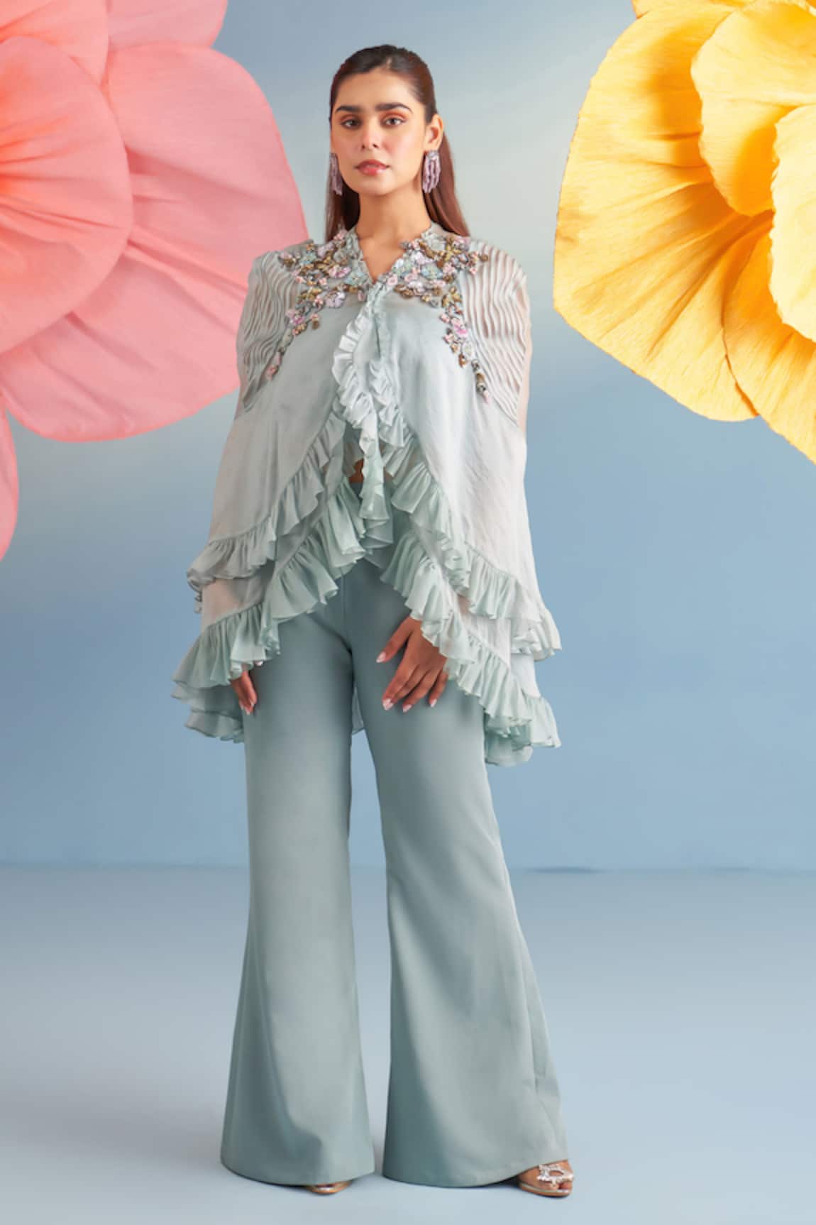 Parul And Preyanka Emma Ruffled Cape Pant Set 