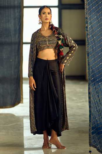 Samyukta Singhania Geometric Print Jacket Draped Skirt Set 