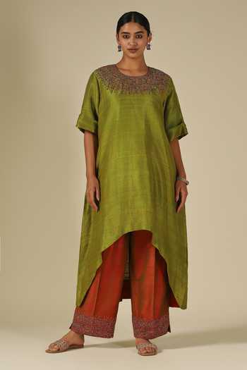 LATHA PUTTANNA Bead Embellished Raw Silk Kurta & Pant Set 