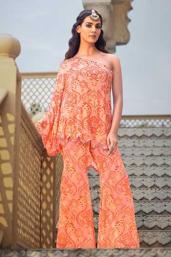 Sajeda A Lehry Floral Print One Shoulder Top Sharara Set 