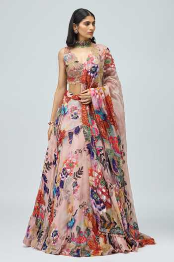 Varun Bahl Embroidered Multicolour Printed Organza Lehenga Blouse and Dupatta Set 