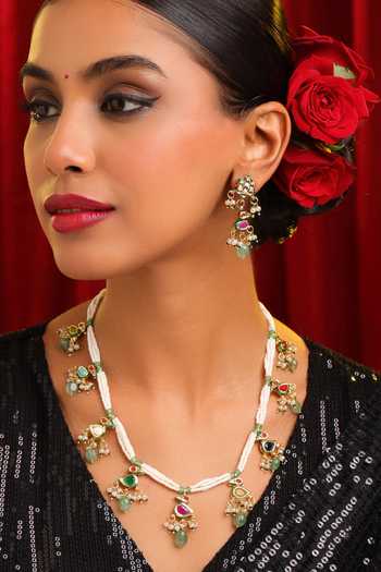 Ruby Raang Kundan Pearl Embellished Necklace Set 