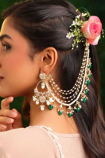 Ruby Raang Kundan Pearl & Green Beads Pair of Ear Chains 
