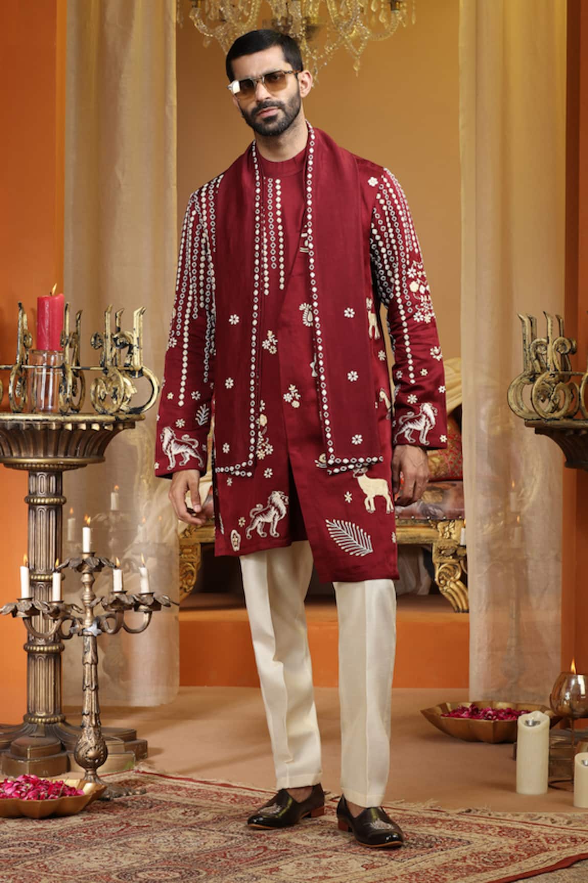 AUGUST by Swati Akash Jhunjhunwala Butti Embroidered Satin Linen Kurta Set 