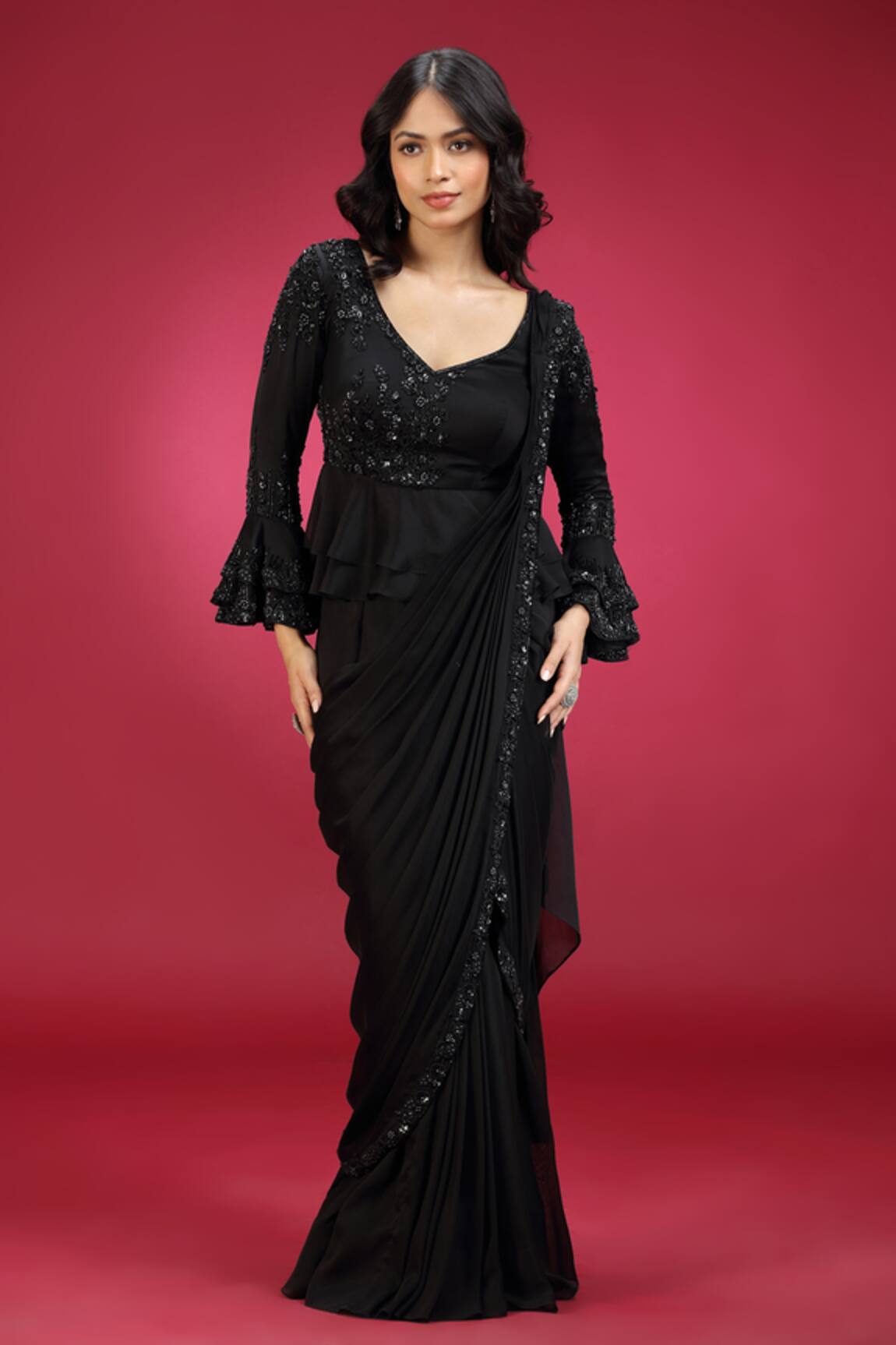 Jhambthreads Pre-Draped Saree & Embellished Peplum Top Set 
