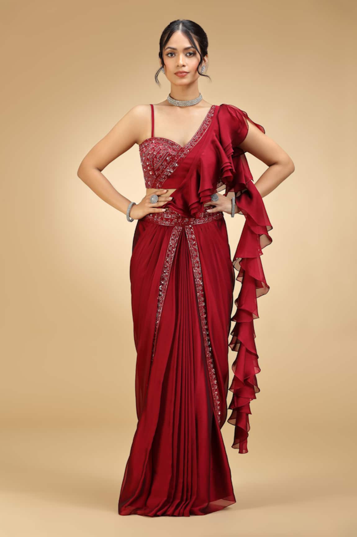 Jhambthreads Ruffle Pre-Draped Saree & Blouse Set 