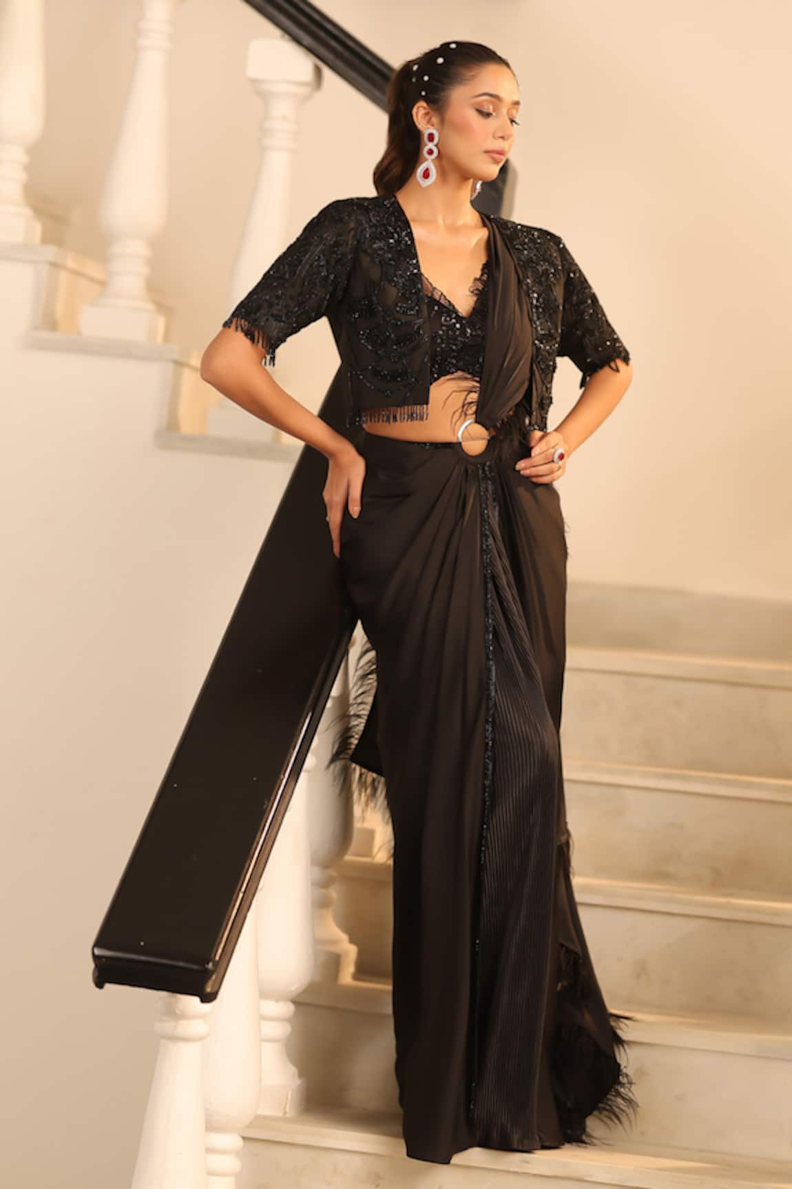Label Astha Chhabra Tonal Embellished Jacket & Pre-Draped Saree Set 
