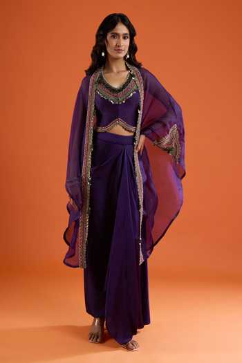 Prisho Placement Embroidered Jacket Draped Skirt Set 