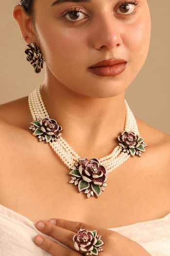 MRJEWELS Imitation Diamond & Pearl Studded Necklace Set 