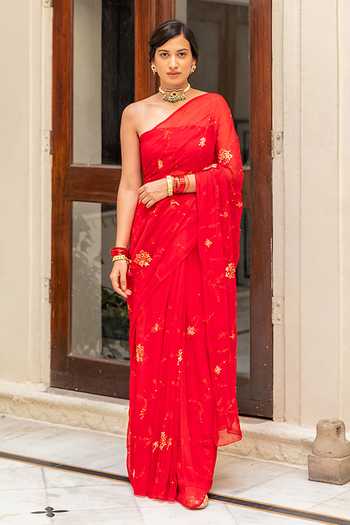 Geroo Jaipur Motif Embroidered Pre-Draped Saree & Blouse Set