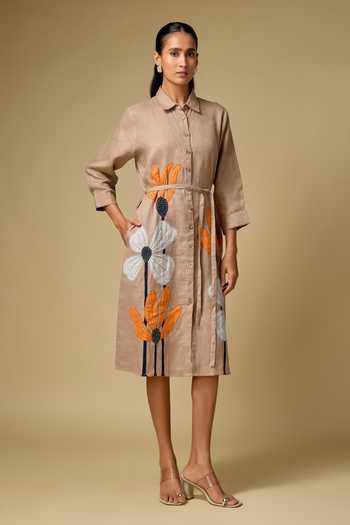 Linen Bloom Floral Embroidered Midi Dress 
