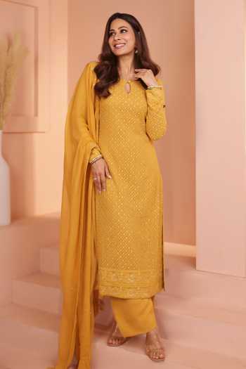 Karaj Jaipur Mustard Chikankari Kurta Set 