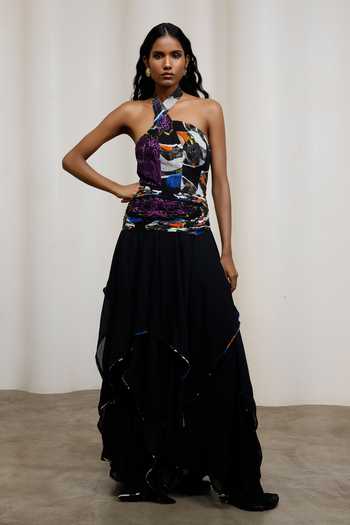 Advait Noa Handkerchief Crinkle Chiffon Halter Maxi Dress 