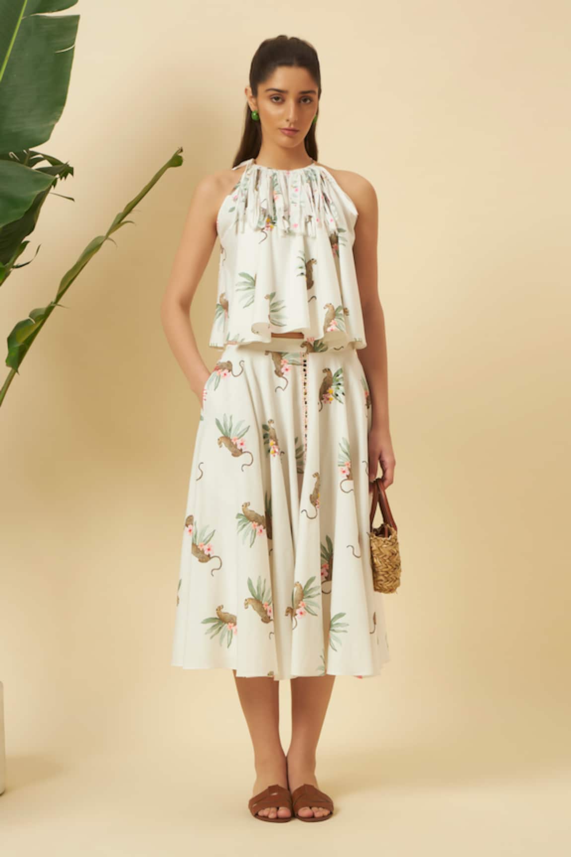 Nikasha Cheetah Print Fringe Cotton Top & Skirt Set 