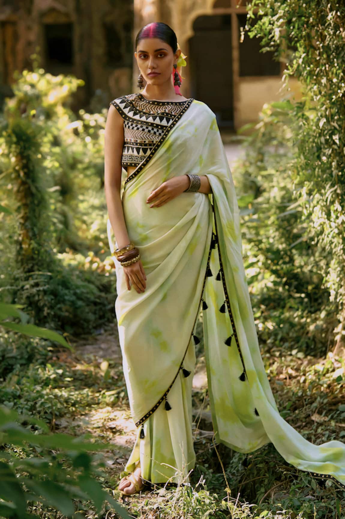 Surily G Tassel Border Pre-Draped Saree & Top Set 