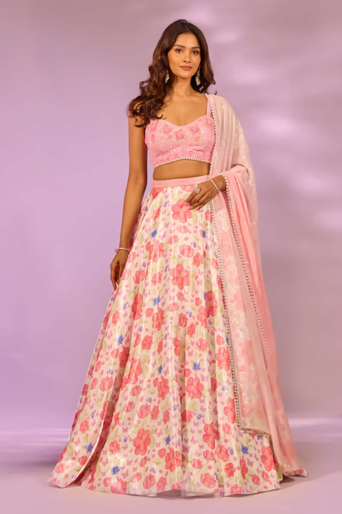 Label Priyanka Kar Floral Print Cherry Lehenga Set 