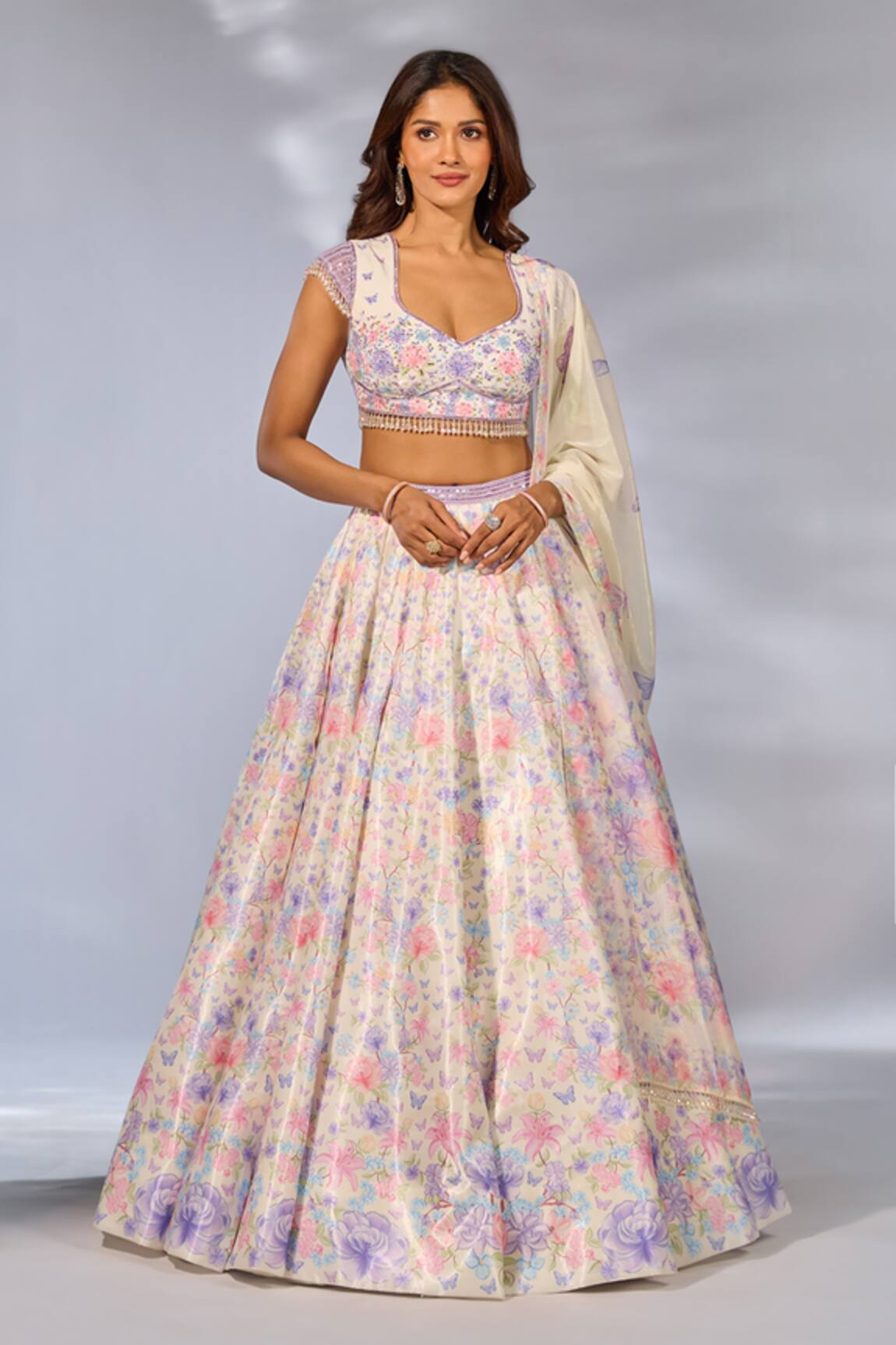 Label Priyanka Kar Flower Print Ivory Lehenga Set 