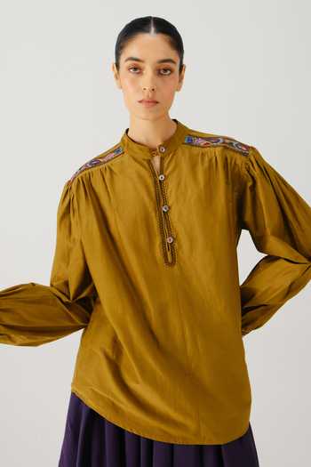 Cord Peasant Placement Embroidered Top 