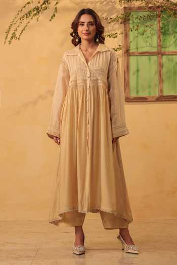 Label Niti Bothra Beige Pintuck Collar Kurta & Pant Set 