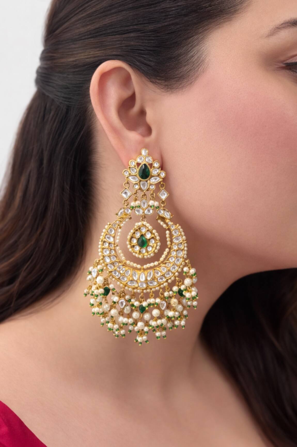 Prestones Polki Embellished Brass Chandbali Earrings with Pearls 