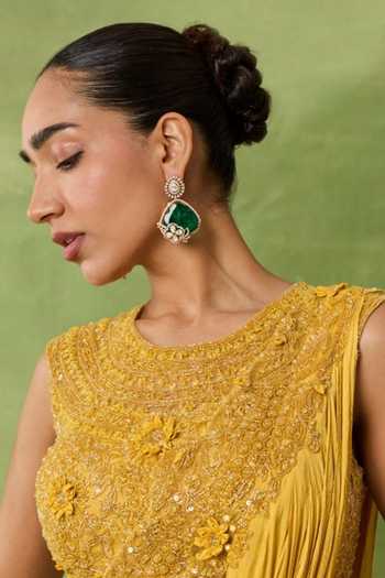 Amaara Jewels Brass Emerald Teardrop Earrings With Stone Embellishment 