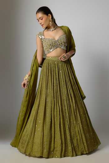 Krishna Padia Bandhej Print & Embroidered Blouse Lehenga Set 