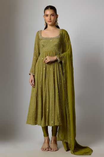 Krishna Padia Bandhej Print Embroidered Anarkali Set 