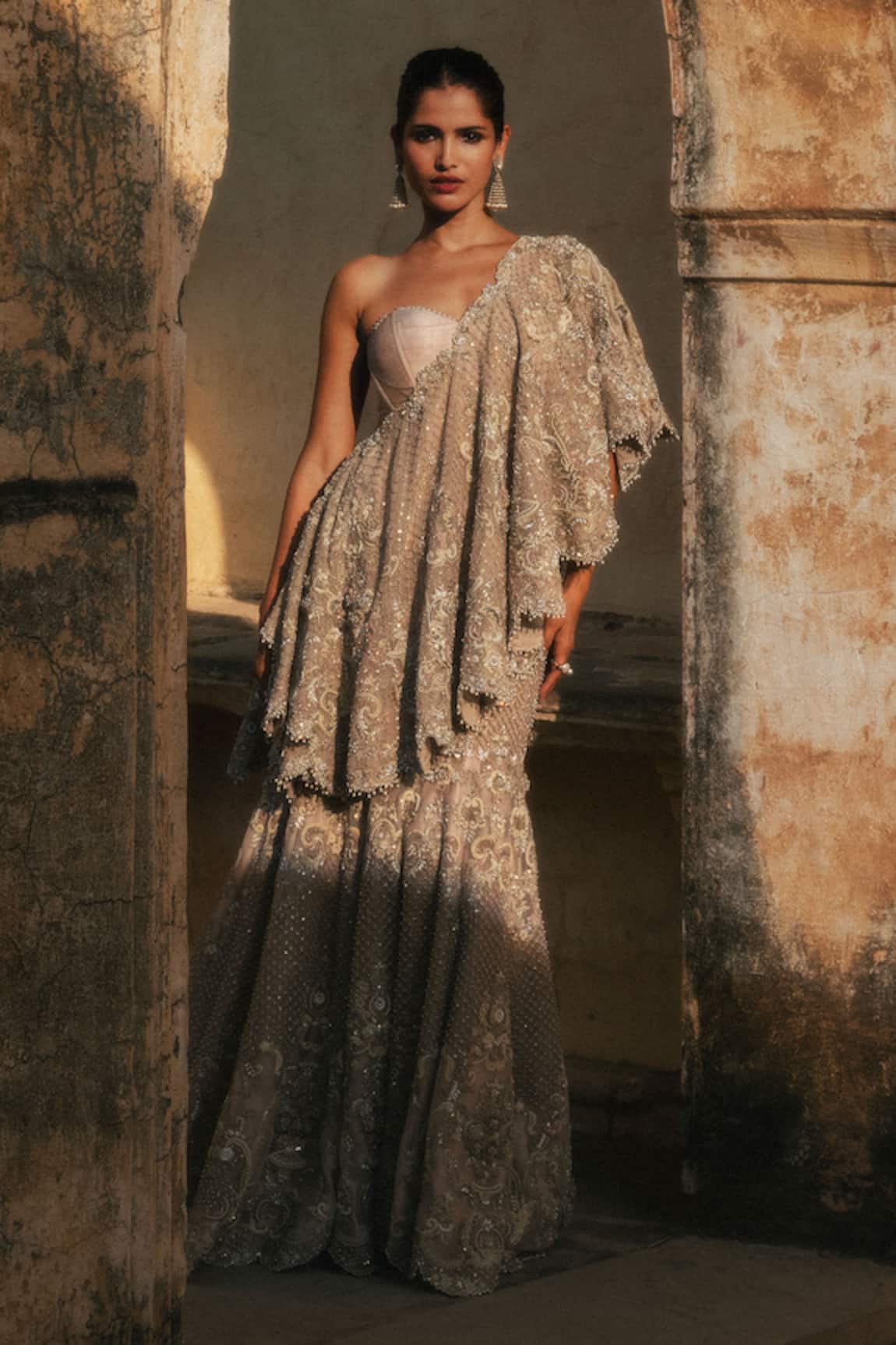 Jayanti Reddy Luna Asymmetric Embellished Cape Lehenga Set 