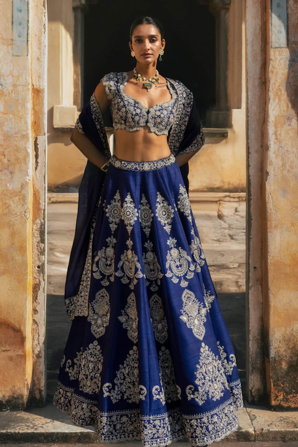 Jayanti Reddy Fourbuta Embroidered Raw Silk Lehenga Set
