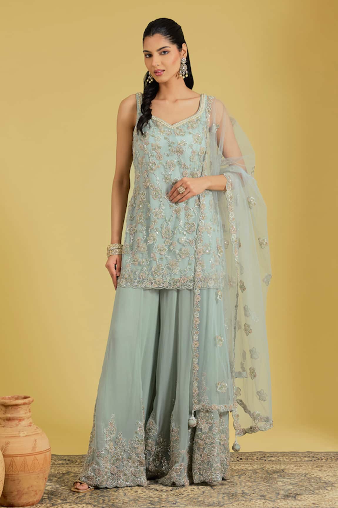 Meenagurnam Flower Jaal Embroidered Kurta Sharara Set 