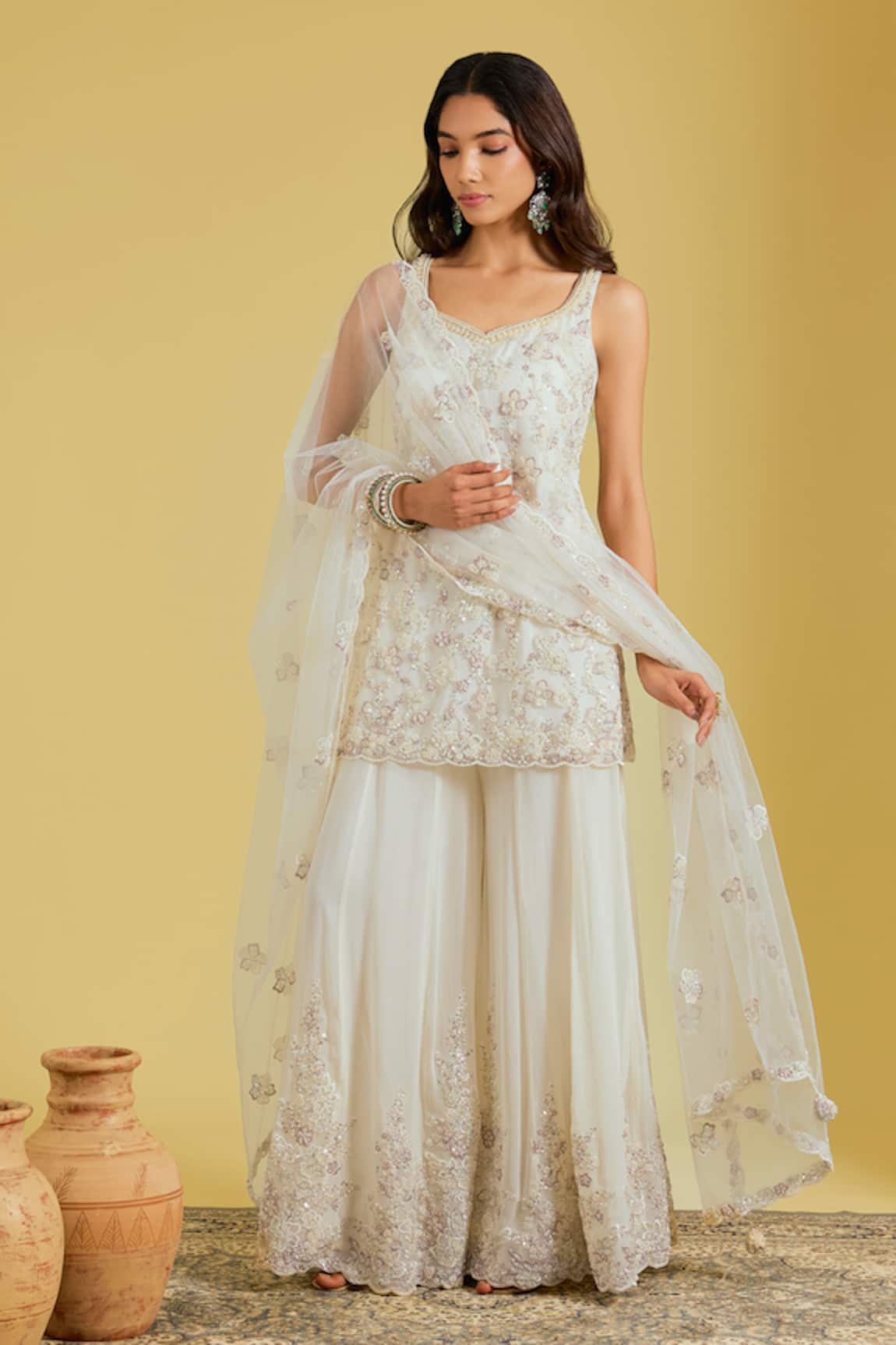 Meenagurnam Floral Jaal Embroidered Kurta & Sharara Set 