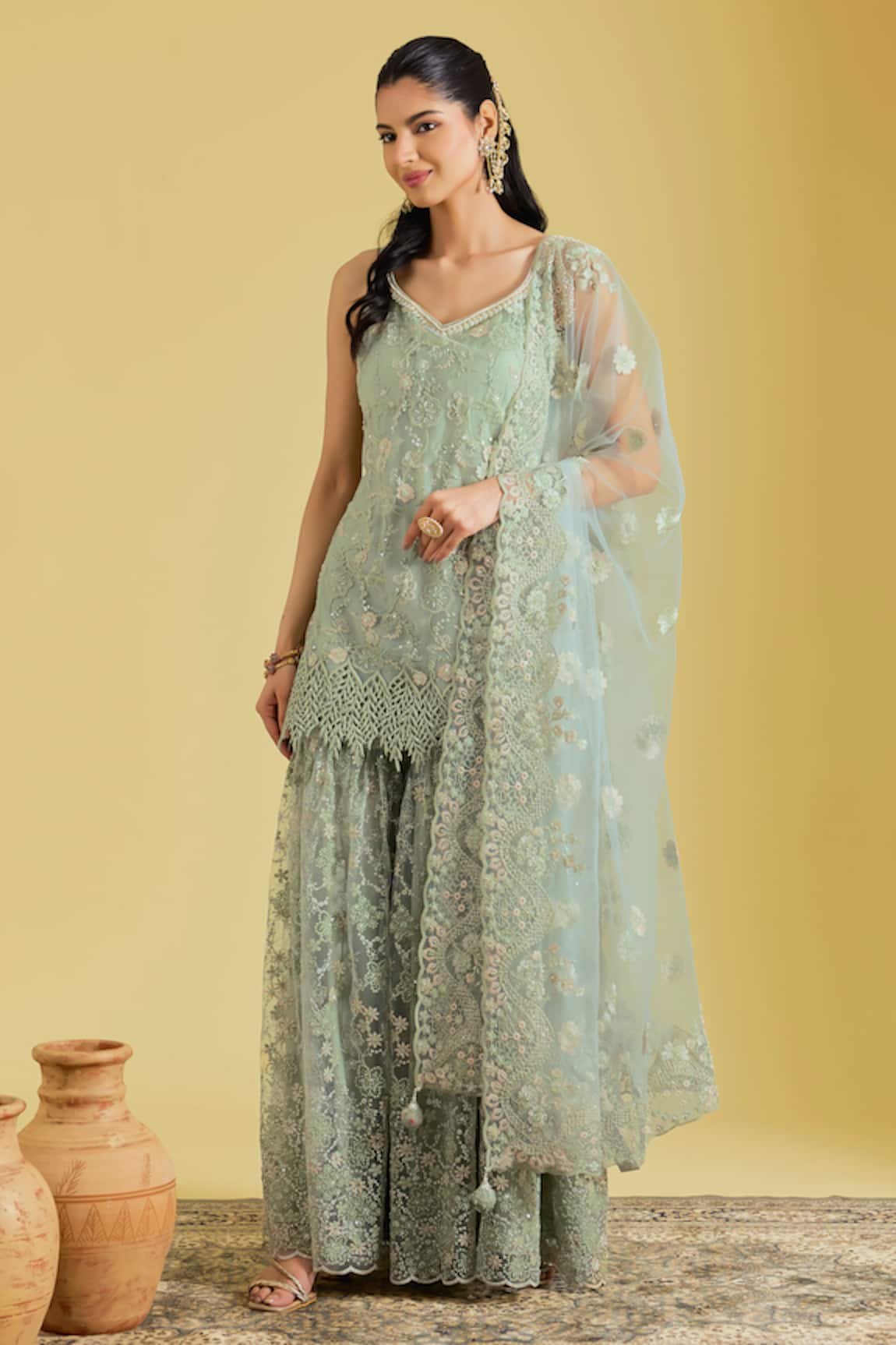 Meenagurnam Floral Jaal Resham Embroidered Kurta Gharara Set 