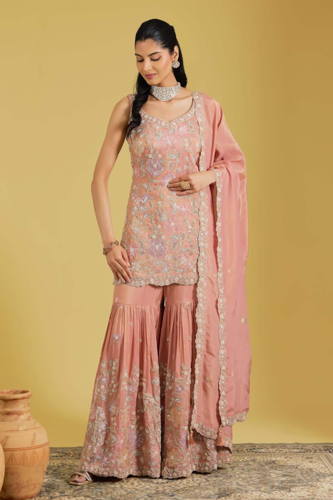 Meenagurnam Jaal Embroidered Kurta Gharara Set 