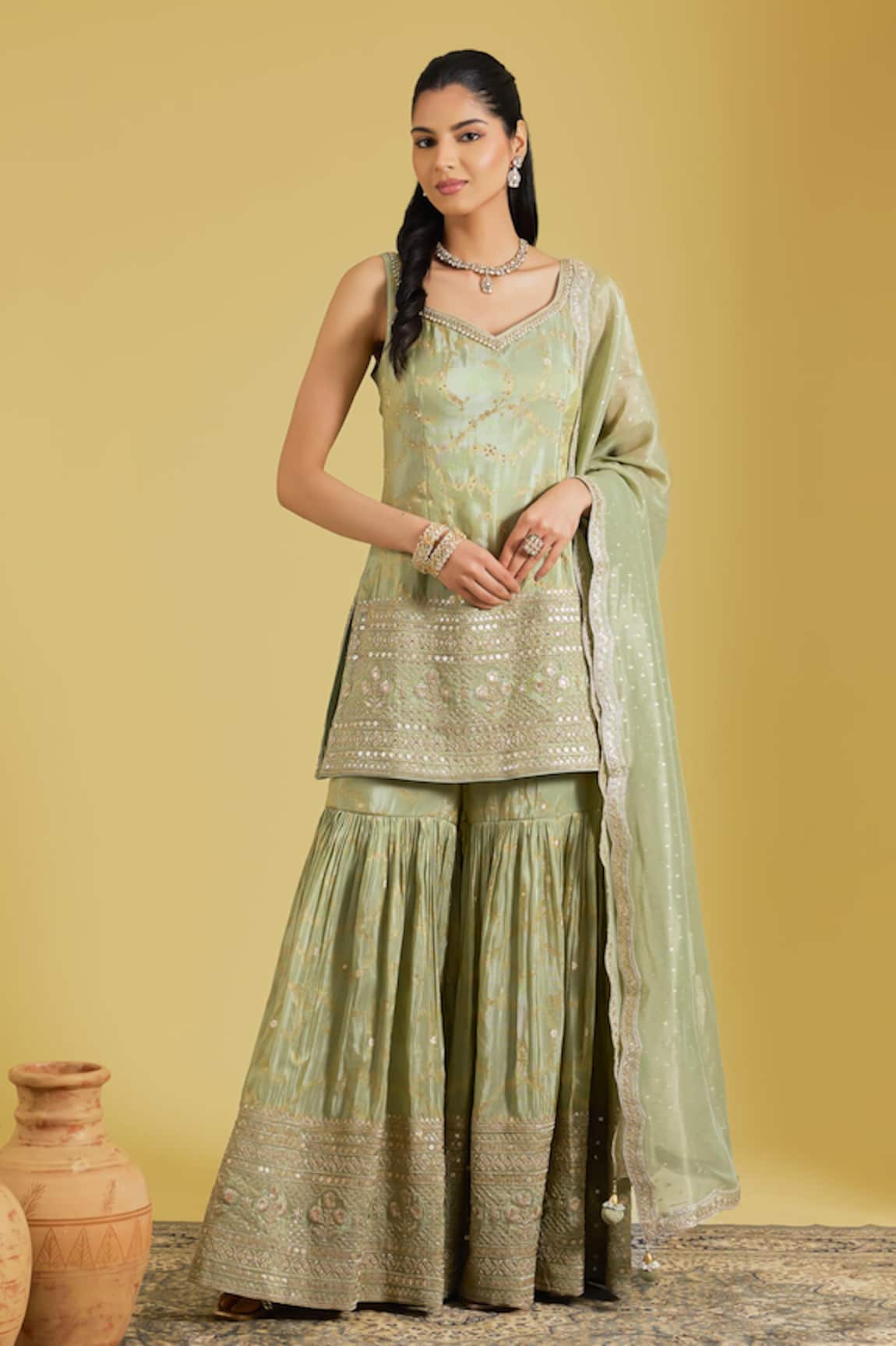 Meenagurnam Woven & Embroidered Kurta Gharara Set 