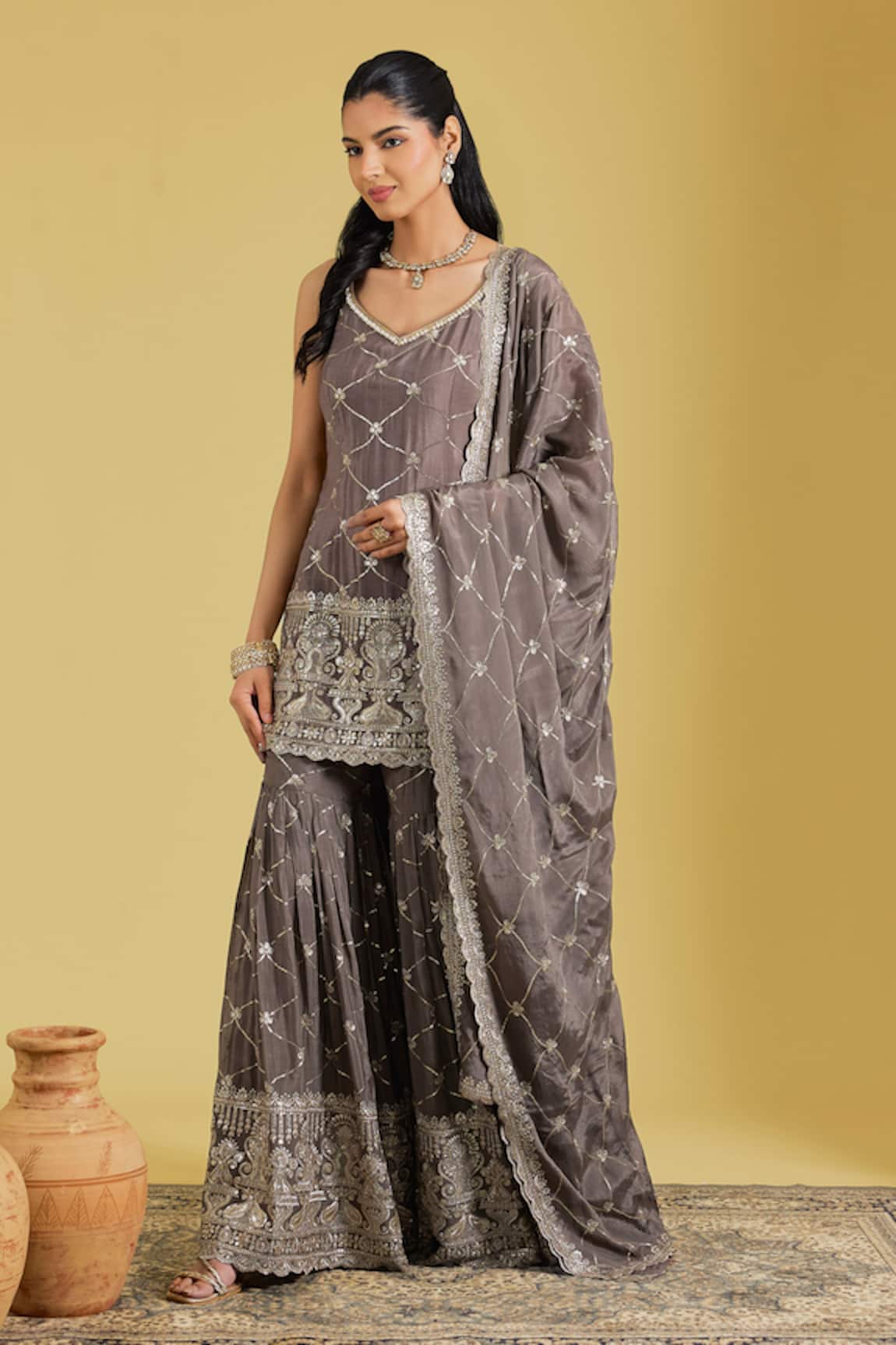 Meenagurnam Jaal Embroidered Kurta Gharara Set 