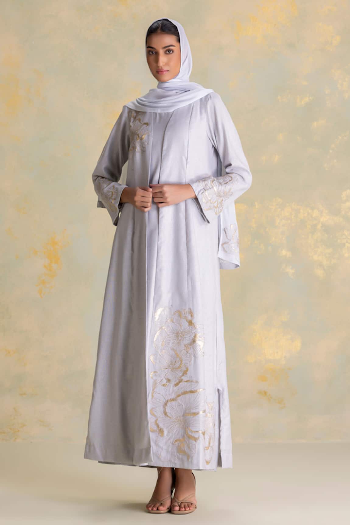 Kaveri Golden Grace Linen Dress & Abaya Set 