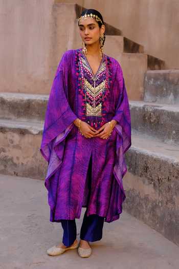 Drishti & Zahabia Aarya Shibori Ikat Print Kaftan & Pant Set 