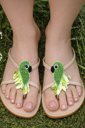 Sandalwali Bobbi Green Parrot Embroidered Sandals 