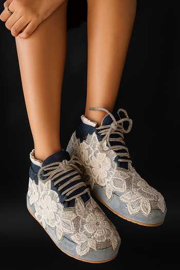 Chal Jooti Daisy Denim Embroidered Sneaker Wedges 