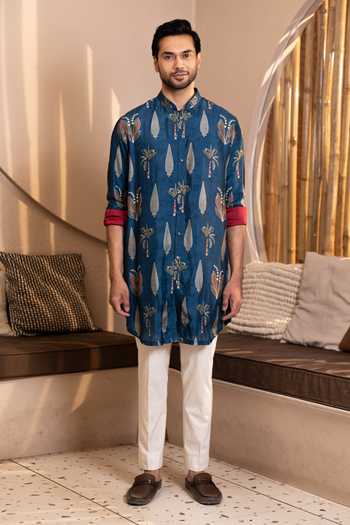 Kaaj Button Palm Tree Print Kurta Set 
