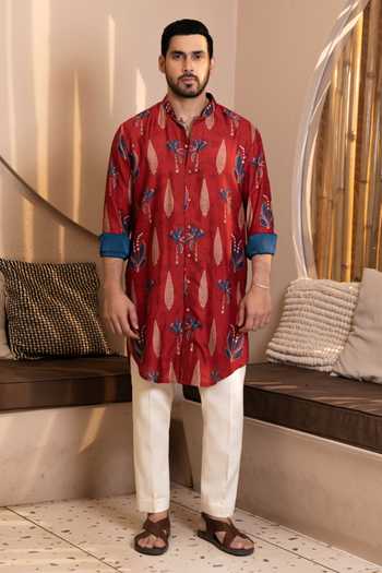 Kaaj Button Palm Tree Print Kurta Set 