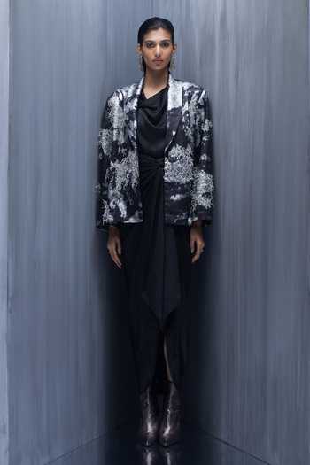 Richa Khemka Noir Floriana Hand Embellished Blazer With Dress 
